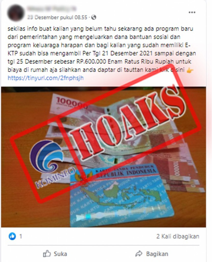 [HOAKS] Pemilik E-KTP Dapat Bantuan Dana Akhir Tahun Rp600 Ribu